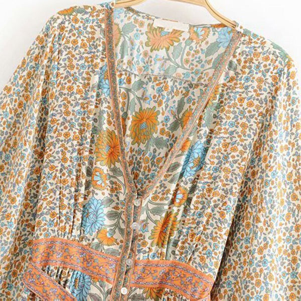 Boho Vintage Floral Print Kimono Sleeve Long Dress