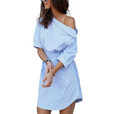 Summer Women Blue Striped Sexy Side Split Half Sleeve Mini dress