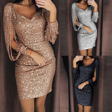 Women Sexy V Ncek Solid Sequined Glitter Stitching Shining Mini Dress 