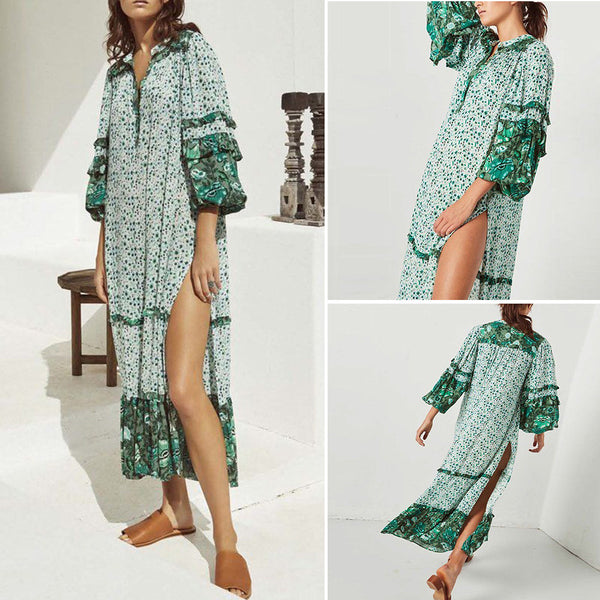 Women Summer Floral Print Long Sleeve Split Long Maxi Dresses 