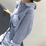 Women Slim Waist Striped Shirt Long Sleeve Knee Length Mini Dress