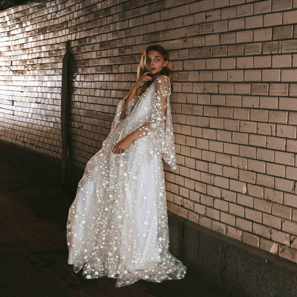 Star Sequin Backless Long Sleeve Elegant Party Wedding Dress