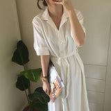 Women Summer Single Breasted Bandage Long Shirt Brief Maxi Dress 