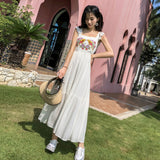 Parrot Embroidered Ruffle Sleeve Straps Summer Maxi Dress