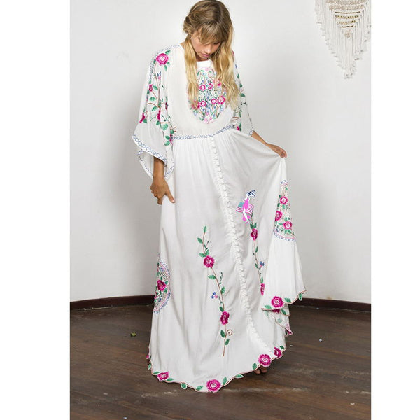 Women O-neck Solid Color Floral Embroidery Maxi Dress
