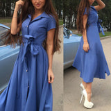 Women Summer Short Sleeve Mid-Calf Turn-down Collar Solid Maxi Dress