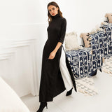 Women Fashion Plus Size  Asymmetrical  Turtleneck Pullover Stretchy Black Knitting Maxi Dress