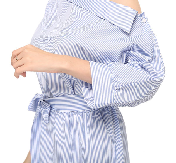 Summer Women Blue Striped Sexy Side Split Half Sleeve Midi dress