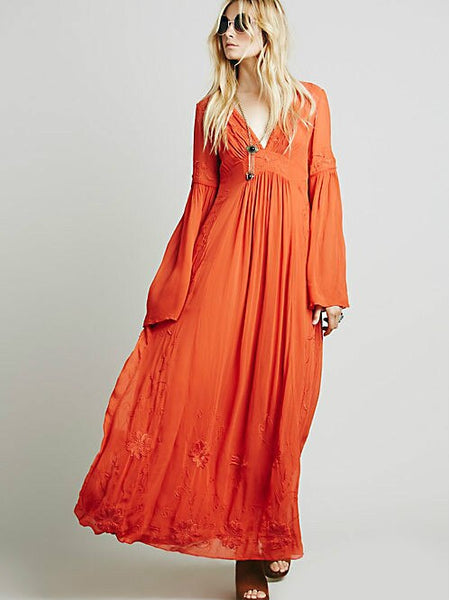 Vintage V-neck Embroidery Loose Maxi Dress