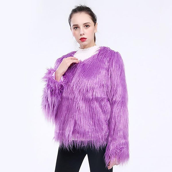 Women Sexy Long Sleeve O-Neck Solid Faux Fur Coats 