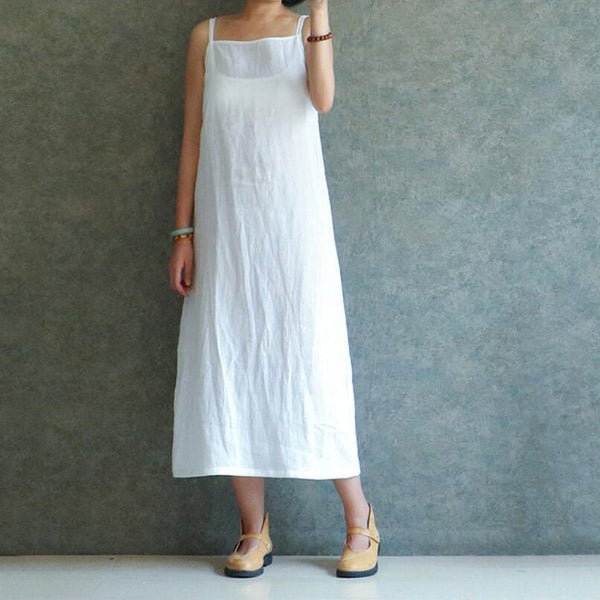 Women Retro Linen Vestido Long Sleeve Cotton Linen Casual Dress