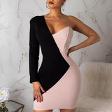 Sexy One Shoulder Two Tone Insert Bodycon Dress