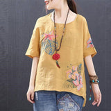 Women Floral Embroidery Vintage Casual Short Sleeve Blouse