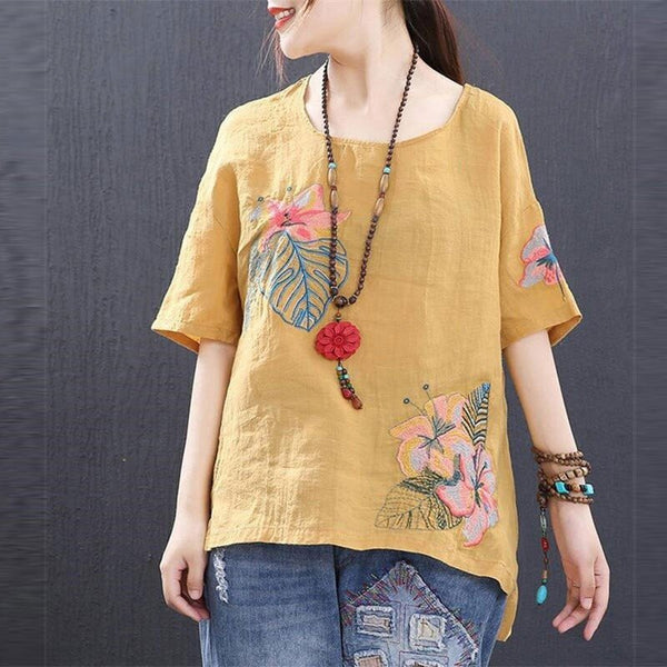 Women Floral Embroidery Vintage Casual Short Sleeve Blouse