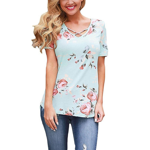 Spring Casual Fashion Women V-neck Short Sleeve Printed T-shirts