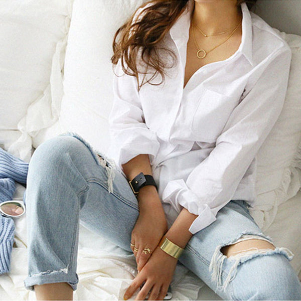 Women Fashion Long Sleeve Casual White Turn-down Collar Blouse