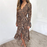Women Zebra Print Beach Bohemian Maxi Dress Casual Long Sleeve V Neck Ruffles Elegant Party Dress
