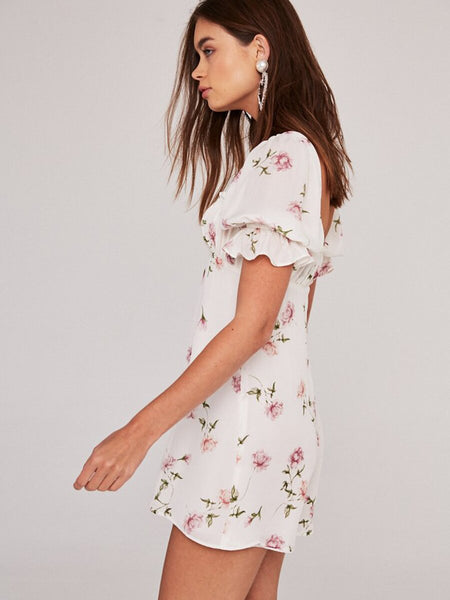 Short Sleeve Backless Sexy Pink Floral Chic Mini Dress