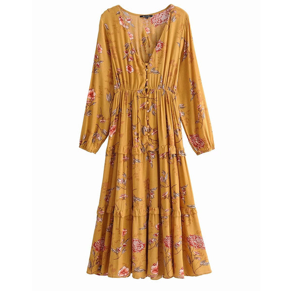 Women chic Floral Print V-Neck Long Sleeve Maxi Dress