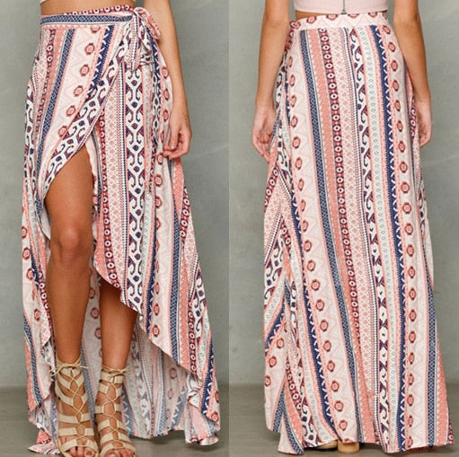Summer Women Boho Floral Beach Asymmetrical Sexy Long Skirt