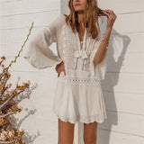 Fashion Lace Up V-Neck Flare Sleeve Tassel Beach Mini Dress