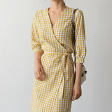Women Cotton Linen Plaid Summer Chic Casual Maxi Dress