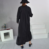 Summer Stand Collar Long Sleeve Black Solid Color Big Size Long Irregular Maxi Dress 