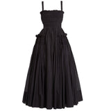 New Stylish Summer Fashion Solid Color Casual Sling Backless Pleated Shrink Waist Maxi Dress