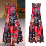 Plus Size Print Sleeveless Vintage V Neck Maxi Dress