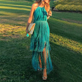Women Sleeveless Tassel A-Line Pure Color Maxi Dress