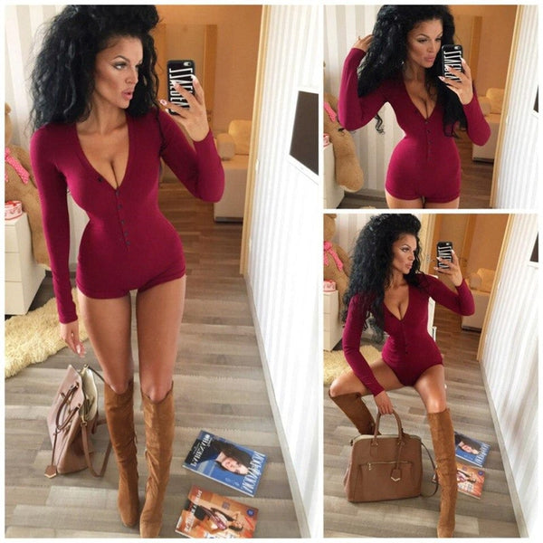 Women Sexy V Neck Cotton Long Sleeve Bodysuit