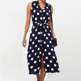 Elegant Dot Print Sleeveless Office Ladies Turn Down Collar Maxi Dress