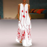Women Sleeveless V-neck Oriental element Flower print Vintage Maxi Dress 