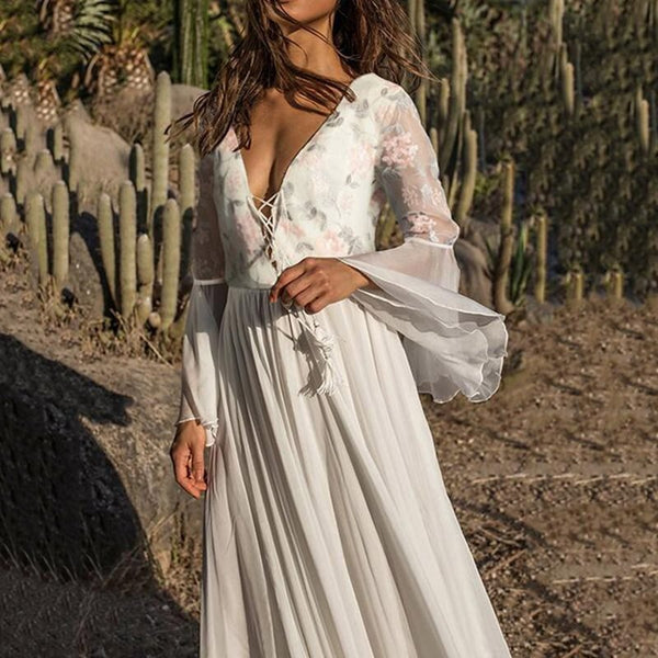 Sexy Deep V Floral Mesh Flare Sleeve Pleated Maxi Dresses
