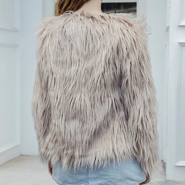 Women Sexy Long Sleeve O-Neck Solid Faux Fur Coats