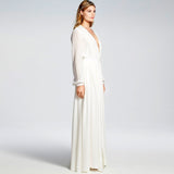 Deep V-neck Long Sleeve White Elegant Long Party Maix Dresses