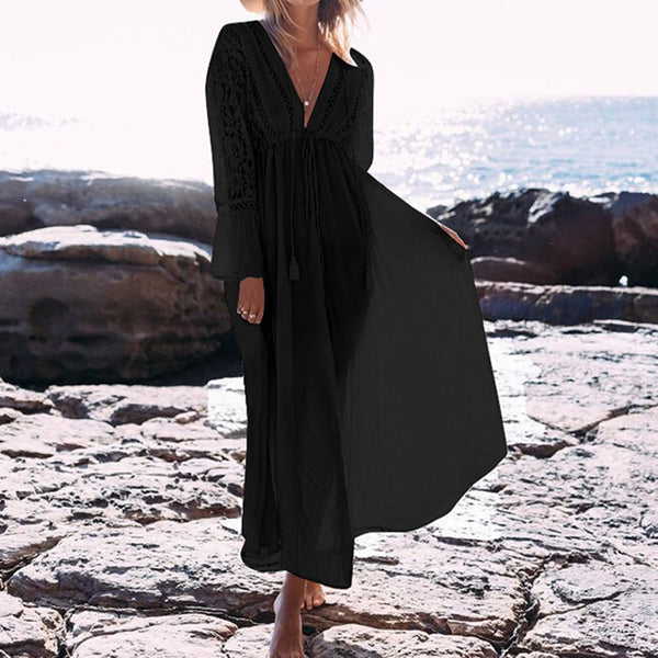 Sexy V-Neck Long Sleeve Beach Maxi Dress