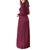 New Solid Color Long Sleeve O-Neck Casual Maxi Dress 