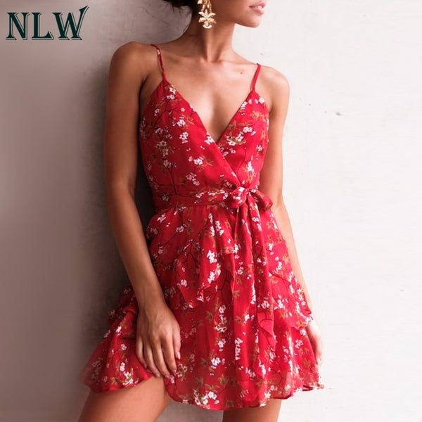 Women Elegant Red Print Sexy Strap V Neck Backless Mini Dress 