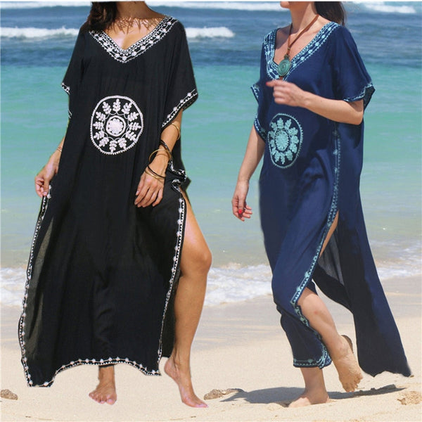 Popular Indie Folk Printed V-Neck Half Sleeve Side Split Maxi Dress