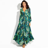 Women Long Sleeve Tropical Print Vintage Boho Maxi Dresses