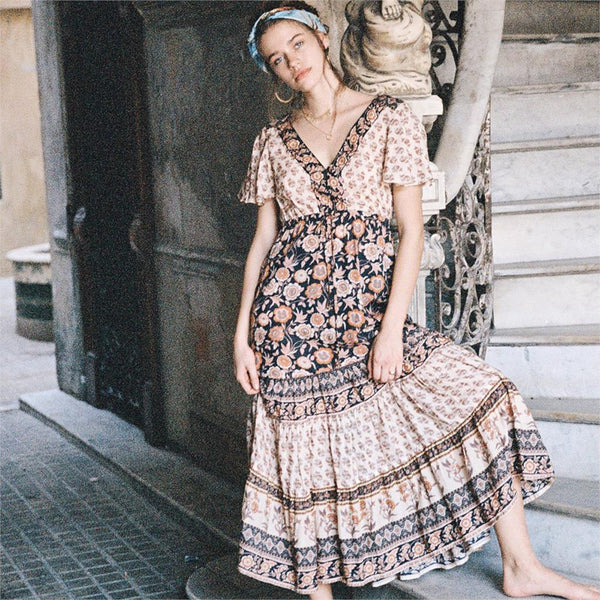 Summer Short Sleeve Vintage Floral Print Boho Chic Maxi Dress