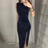 Irregular Sequins Split Sleeveless Party Evening Dress