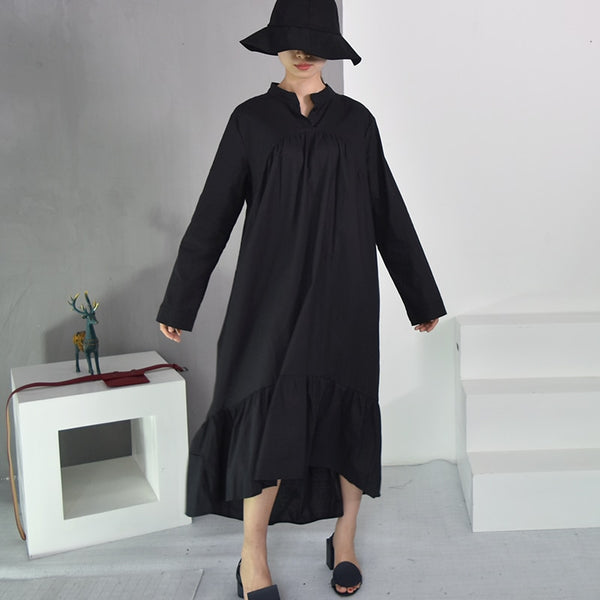 Summer Stand Collar Long Sleeve Black Solid Color Big Size Long Irregular Maxi Dress 