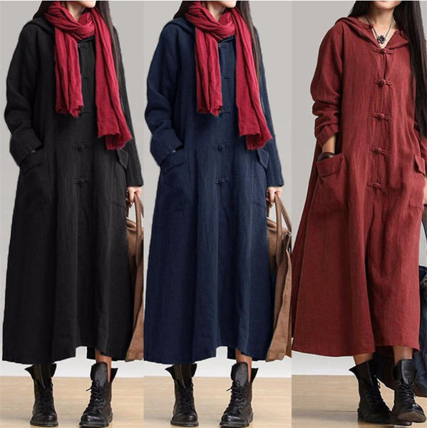 Women Fashion Cotton Linen Long Sleeve Maxi Dress