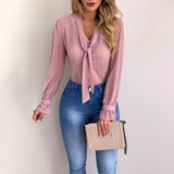 Chiffon Blouses Women Autumn Fashion Long Sleeve V-neck Pink Shirt Office Blouse Slim Casual Tops
