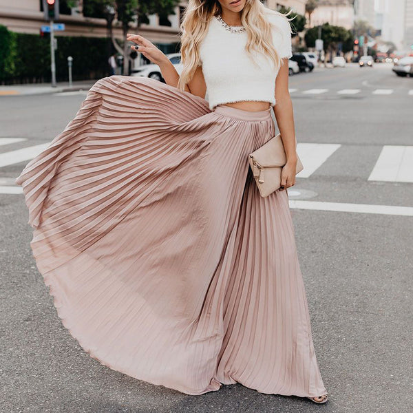 Summer Women Fashion Solid Color Elastic High Waist Skirt