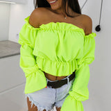 Candy Color Off Shoulder Crop Tops women Summer dot print lantern sleeve shirts