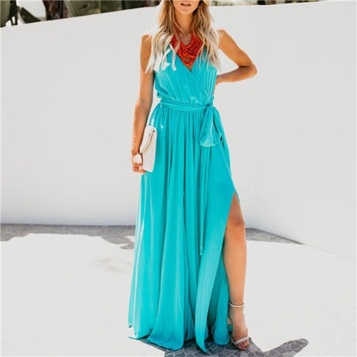 Summer Woman Fashion Off Shoulder Sleeveless V-neck  Maxi Dresses