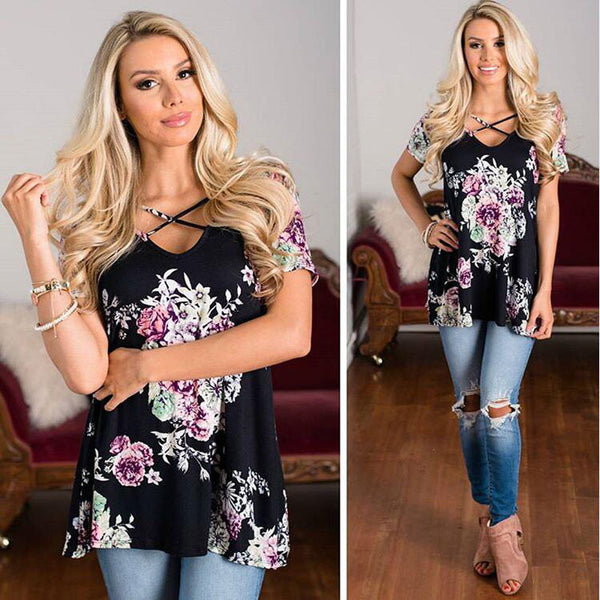 Spring Casual Fashion Women V-neck Short Sleeve Printed T-shirts 